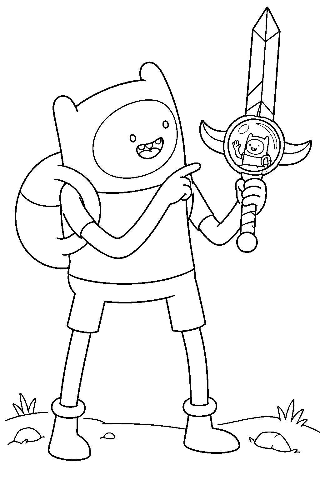 adventure time finn talking to his tiny double inside the finn sword gem line art
