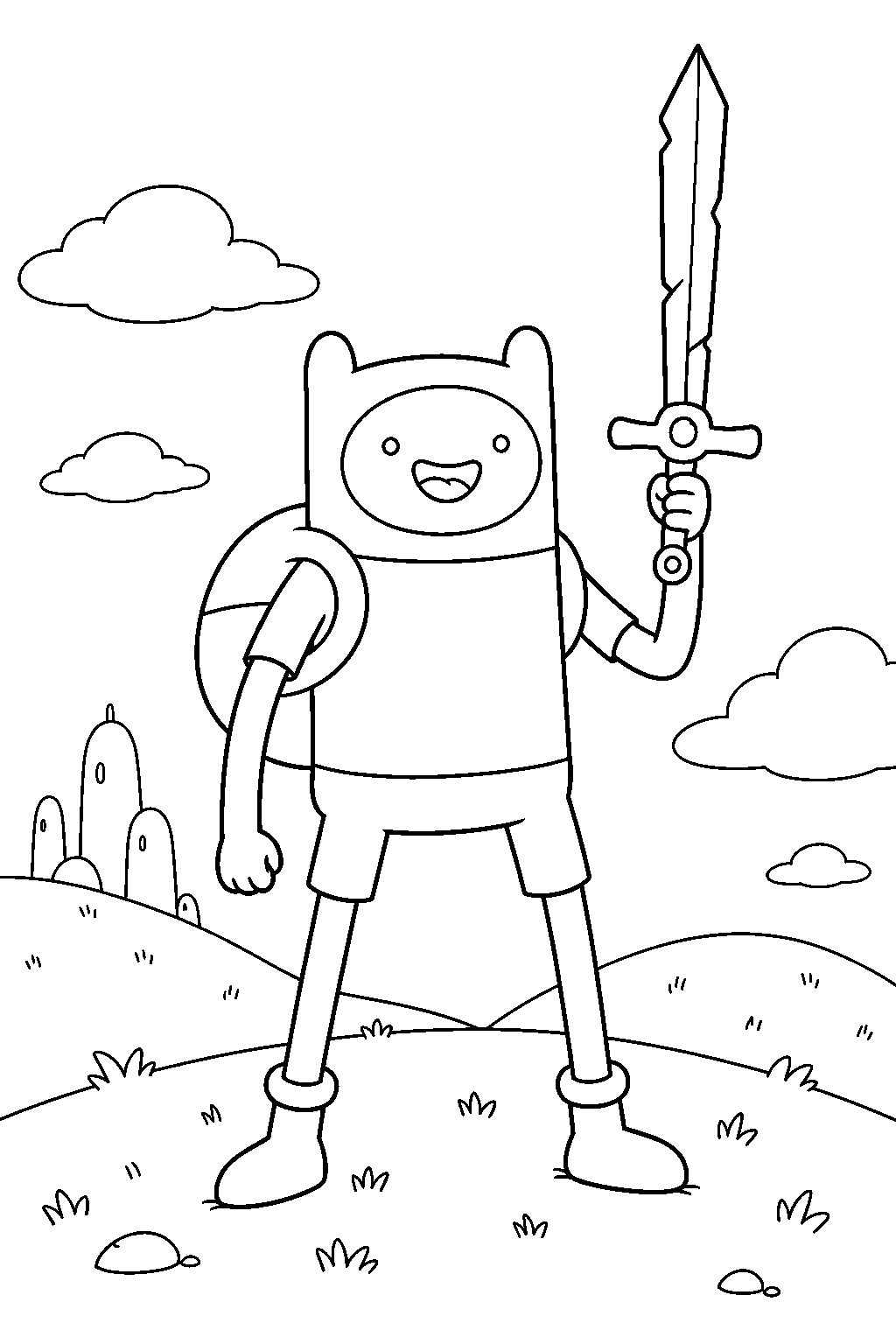 adventure time finn the human holding his golden sword on a grassy hill in ooo line art