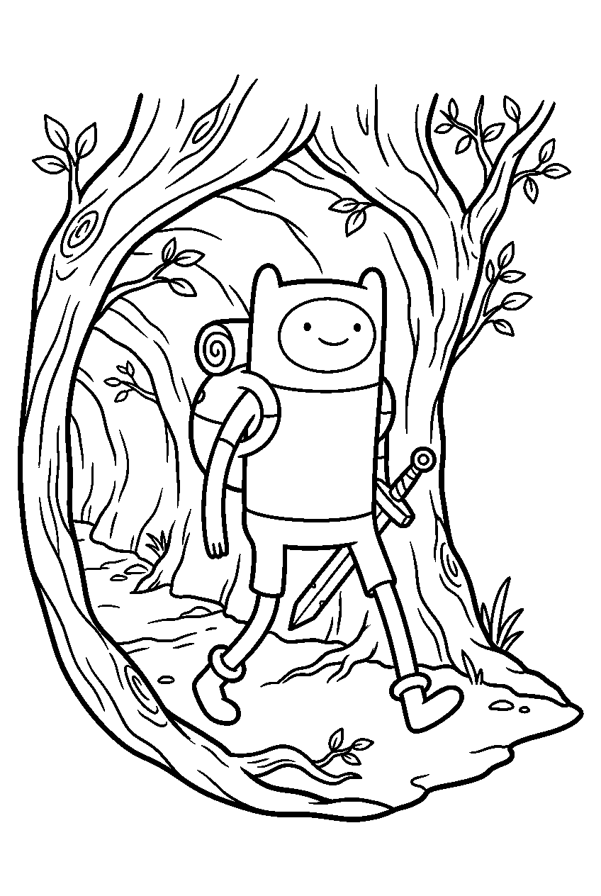 adventure time finn walking inside tree hollow line art