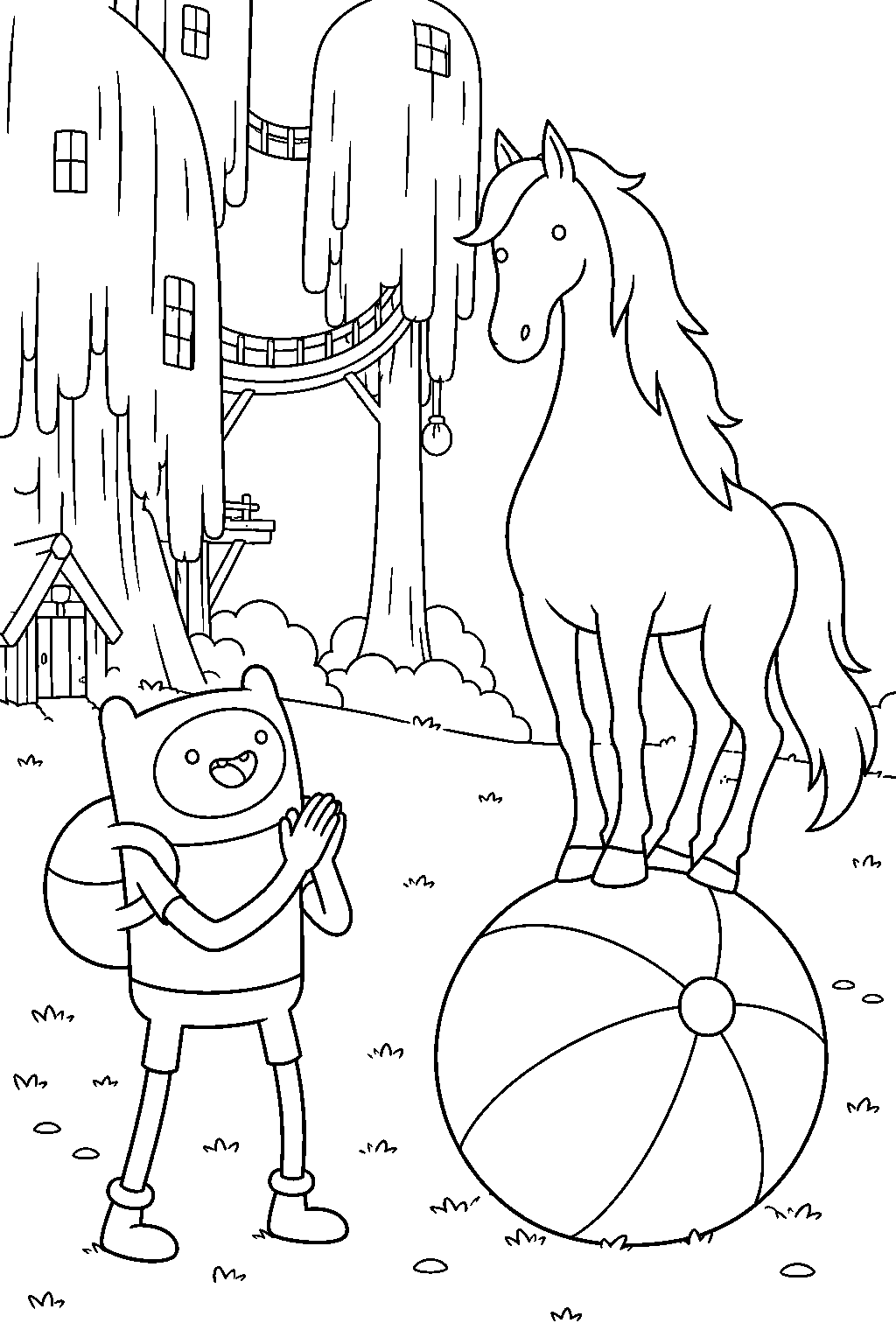adventure time finn watching james baxter balance on his beach ball outside the tree fort line art