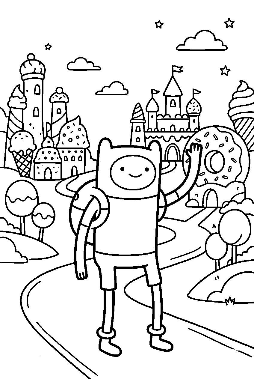 adventure time finn waving in candy kingdom line art