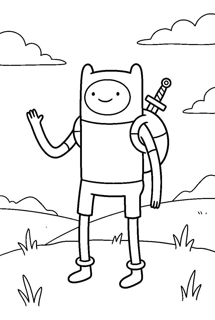adventure time finn waving in grassland meadow line art