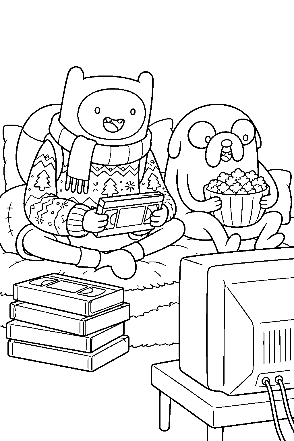 adventure time finn wearing a christmas sweater and scarf while watching secret videotapes with jake line art
