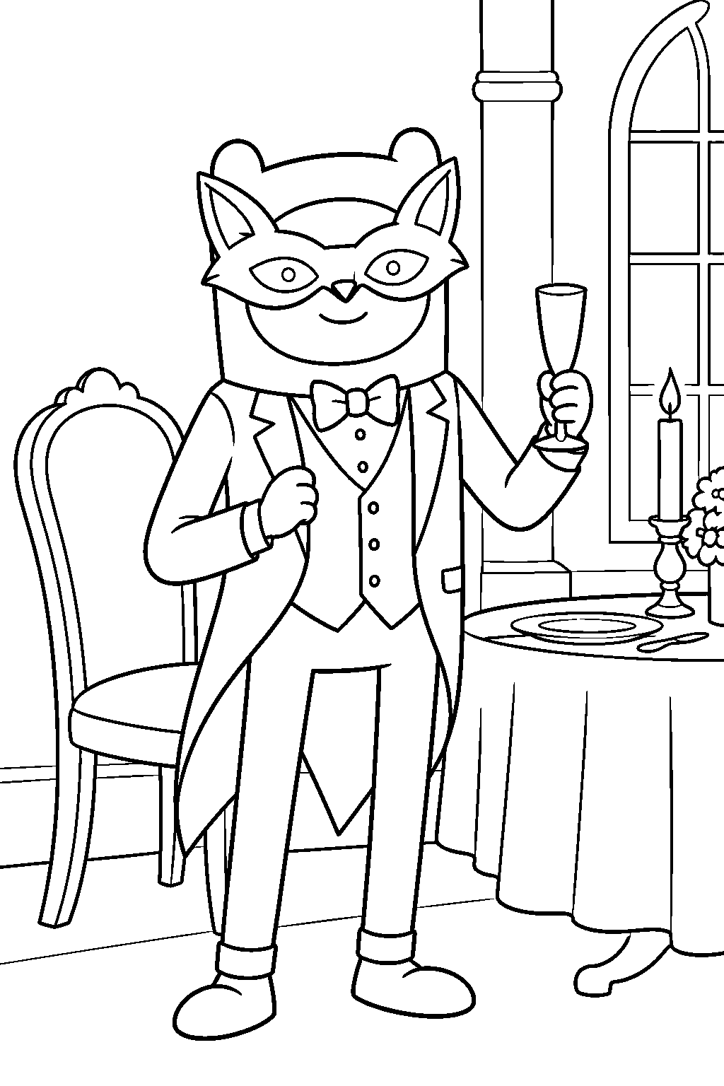 adventure time finn wearing a fox mask and tuxedo at the mansion mystery dinner line art