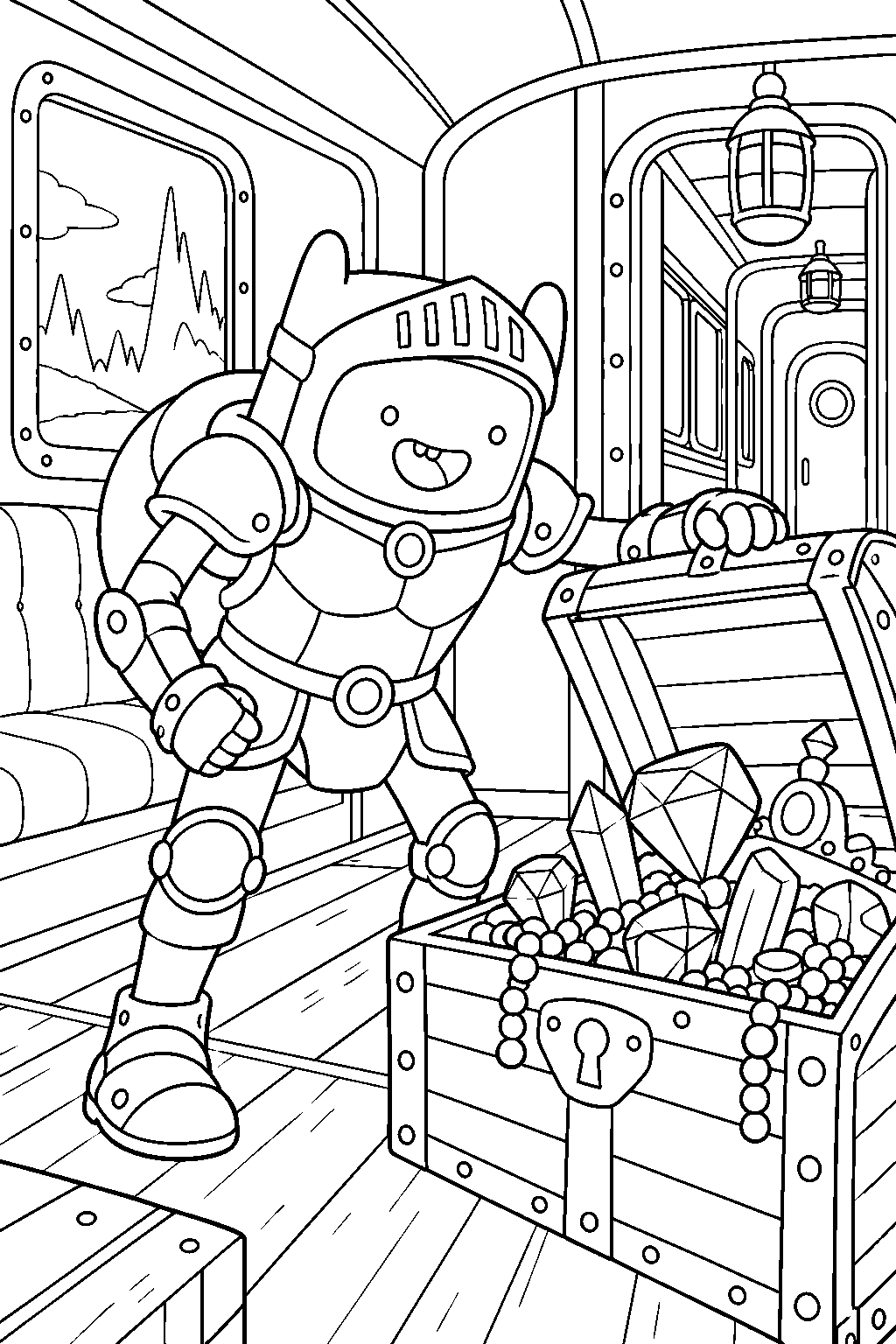 adventure time finn wearing enchanted armor and collecting treasure aboard the dungeon train line art