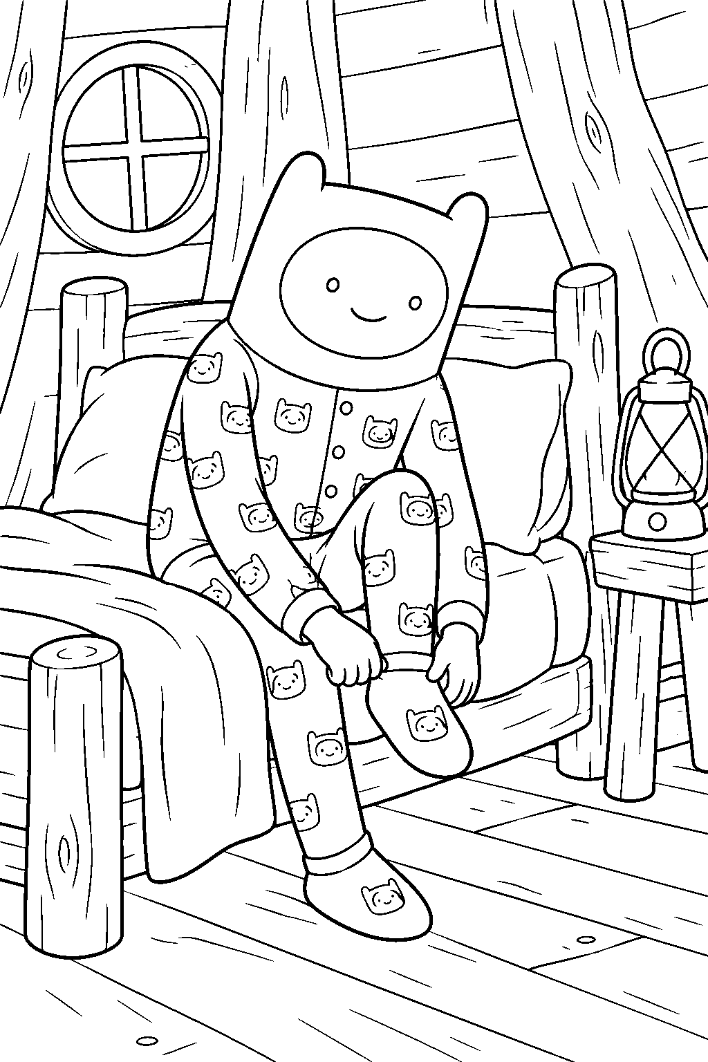 adventure time finn wearing footie pajamas at bedtime in the tree fort line art