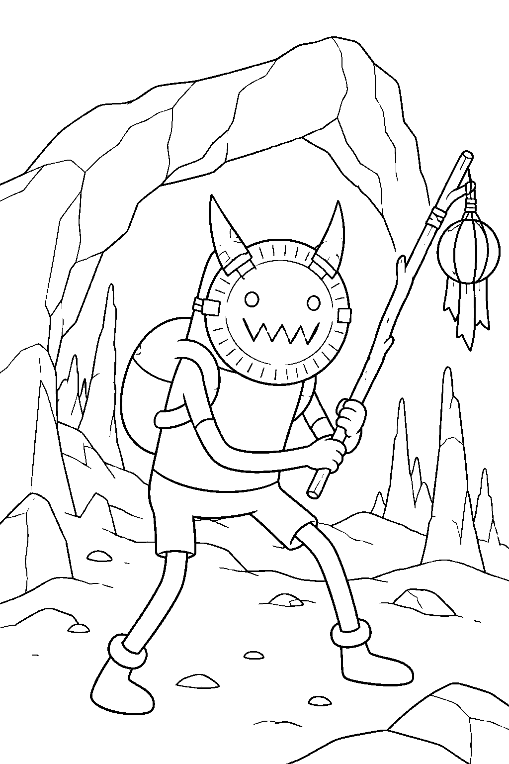 adventure time finn wearing his paper plate demon disguise in the nightosphere line art