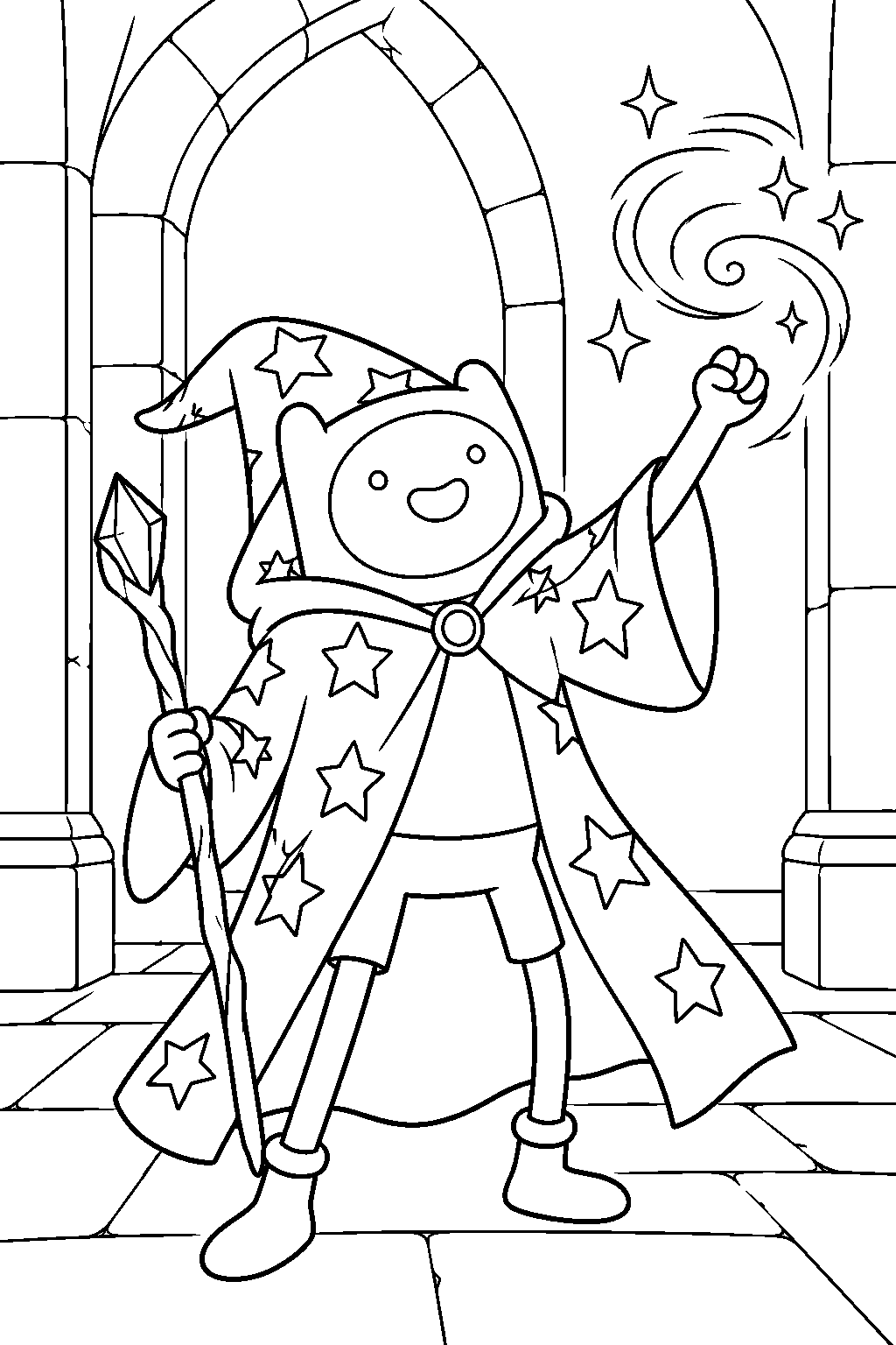 adventure time finn wearing his wizard cloak and practicing magic at wizard school line art
