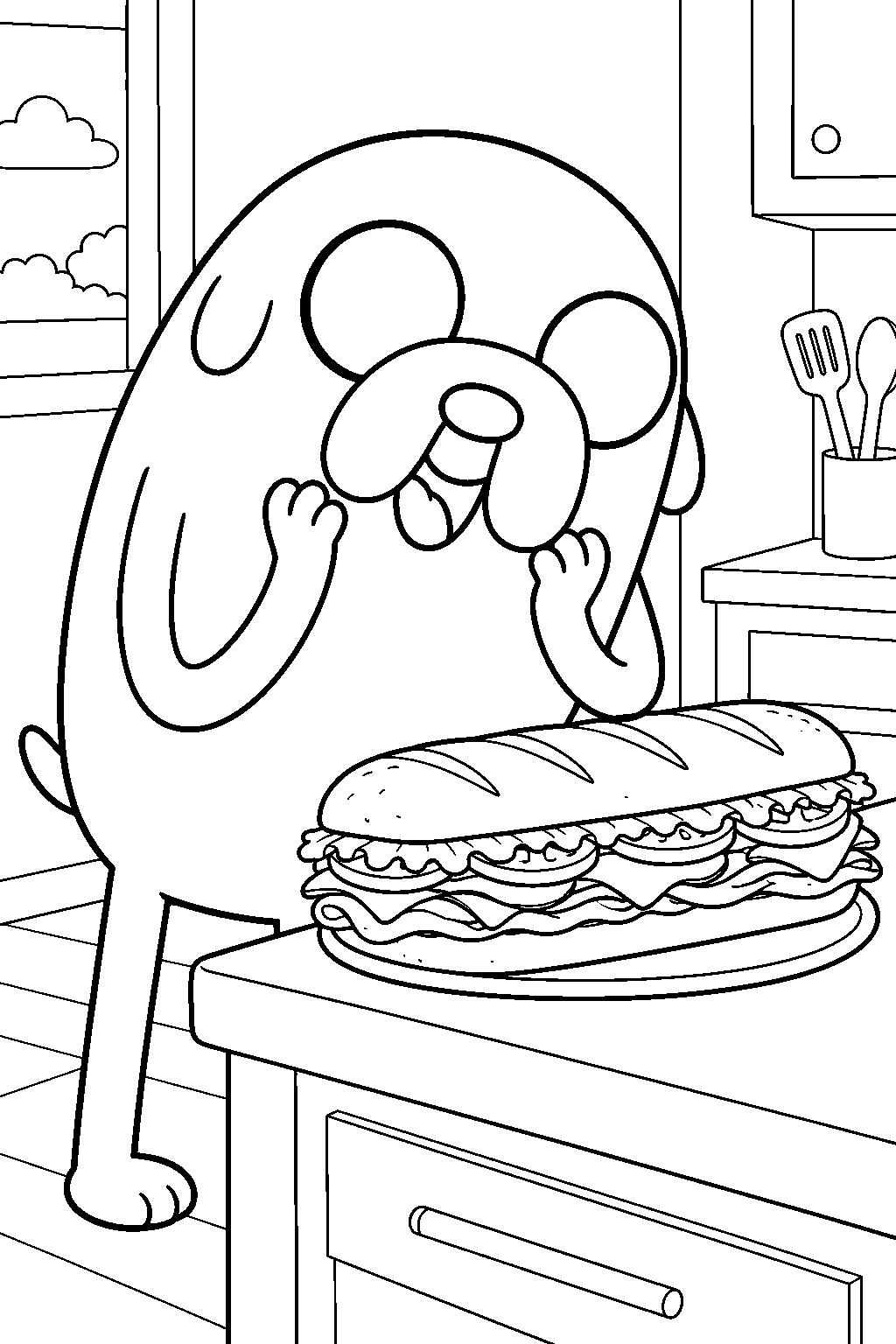adventure time jake the dog admiring his perfect sandwich on the kitchen counter line art