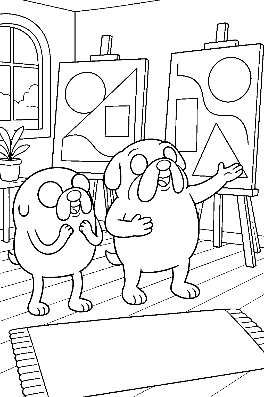 adventure time jake the dog admiring jermaine s abstract paintings at his house line art