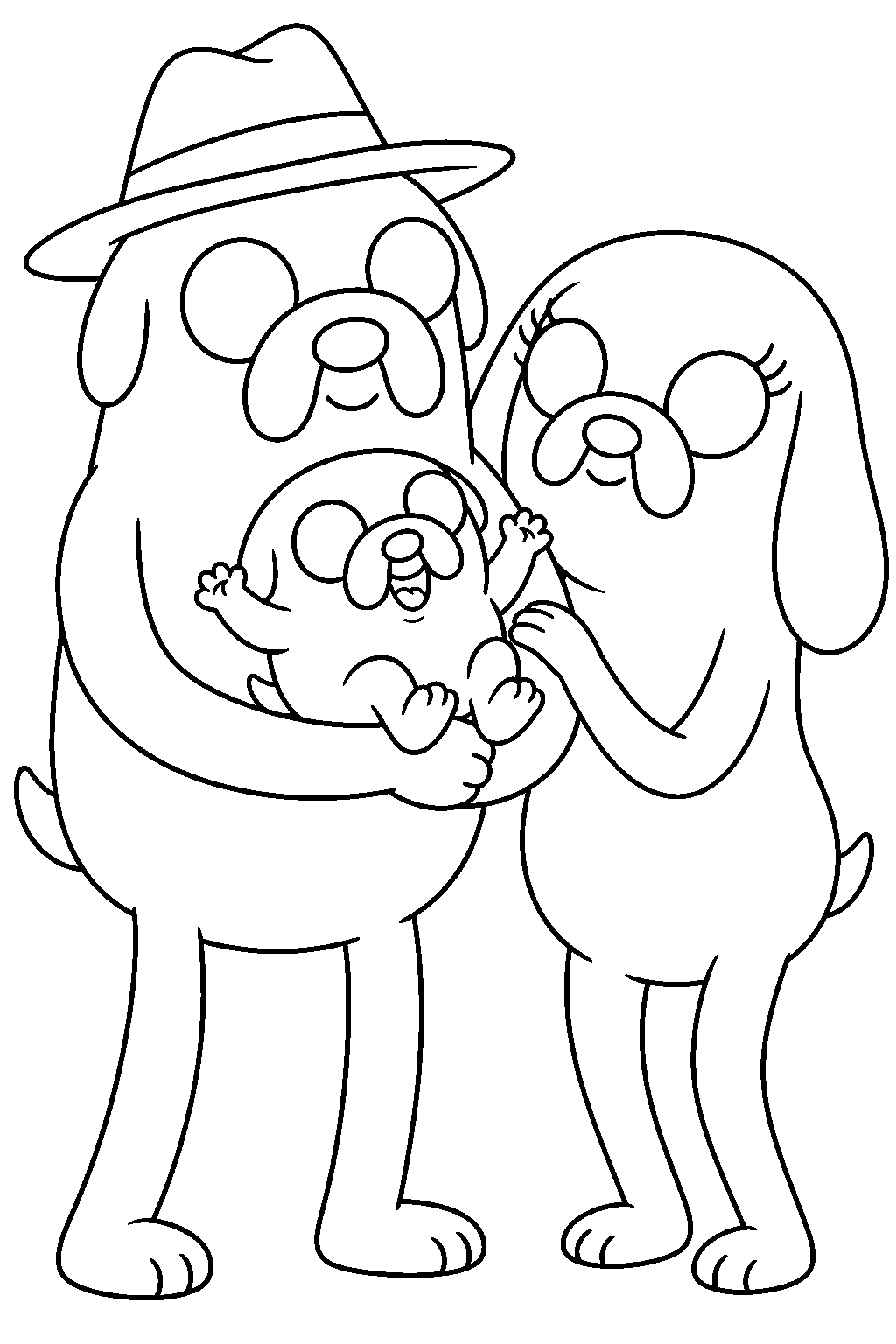 adventure time jake the dog as a baby being held by joshua beside margaret line art