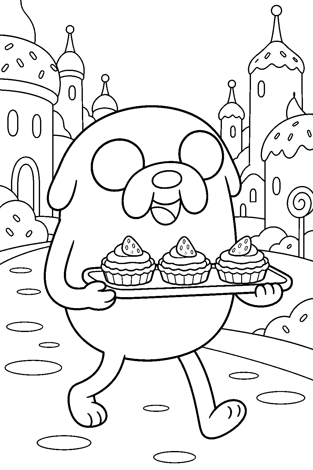 adventure time jake the dog carrying royal tarts through the candy kingdom line art