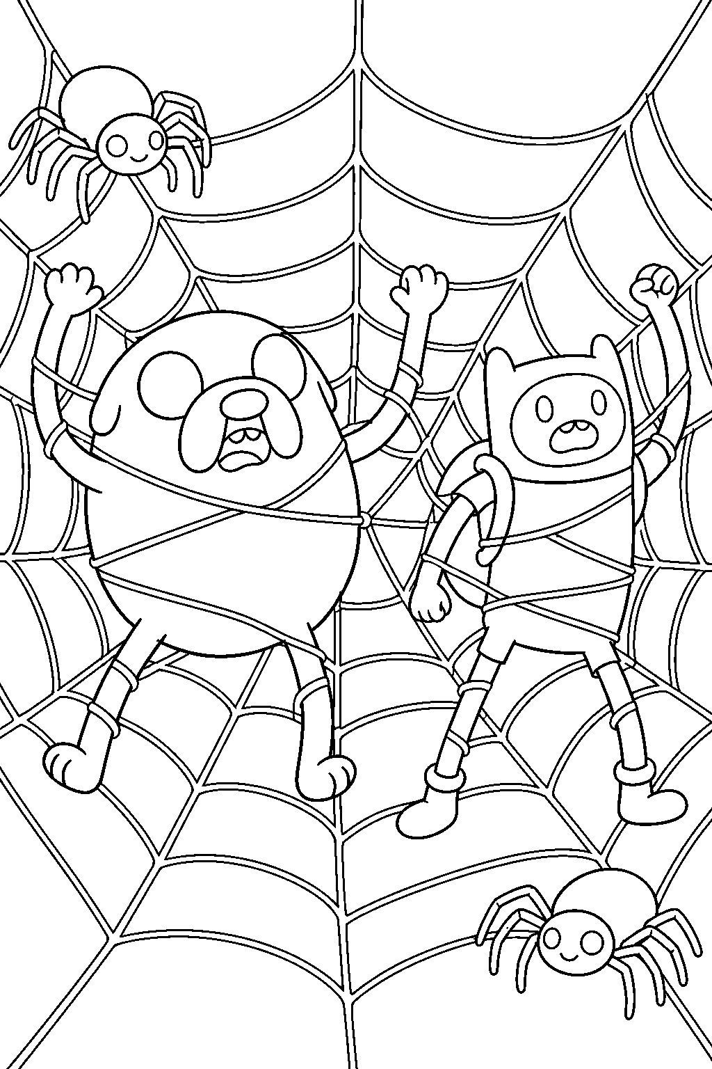 adventure time jake the dog caught in a giant spider web beside finn and two spiders line art