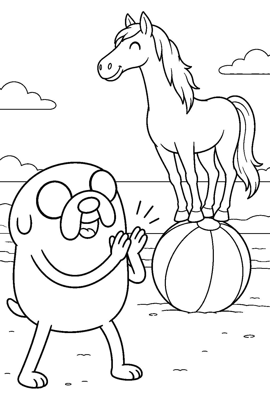 adventure time jake the dog cheering for james baxter as the horse balances on a beach ball line art