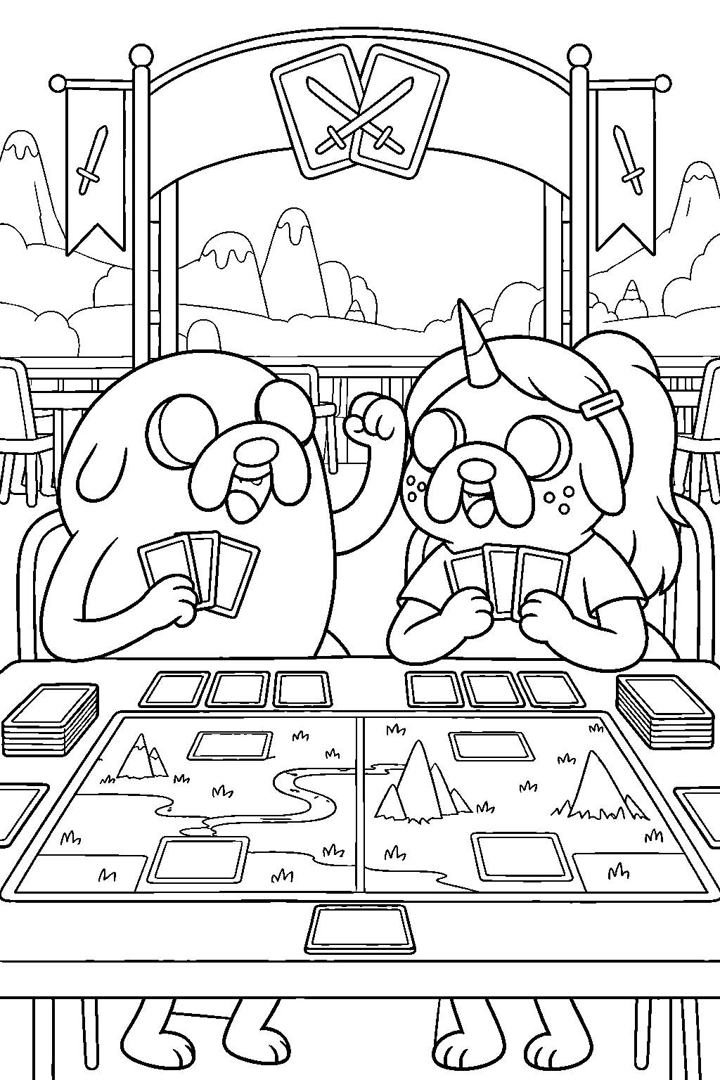 adventure time jake the dog competing with charlie at the card wars doubles tournament line art