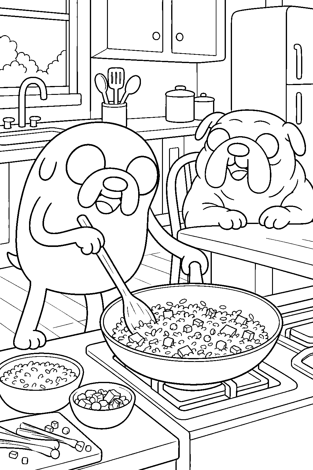 adventure time jake the dog cooking fried rice for jermaine in the family kitchen line art