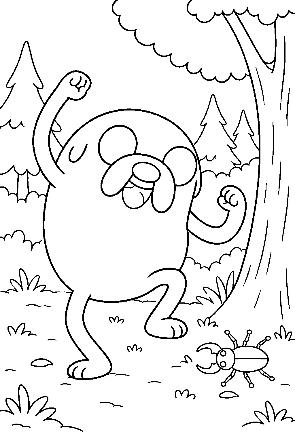adventure time jake the dog dancing beside a tiny bug in the forest line art