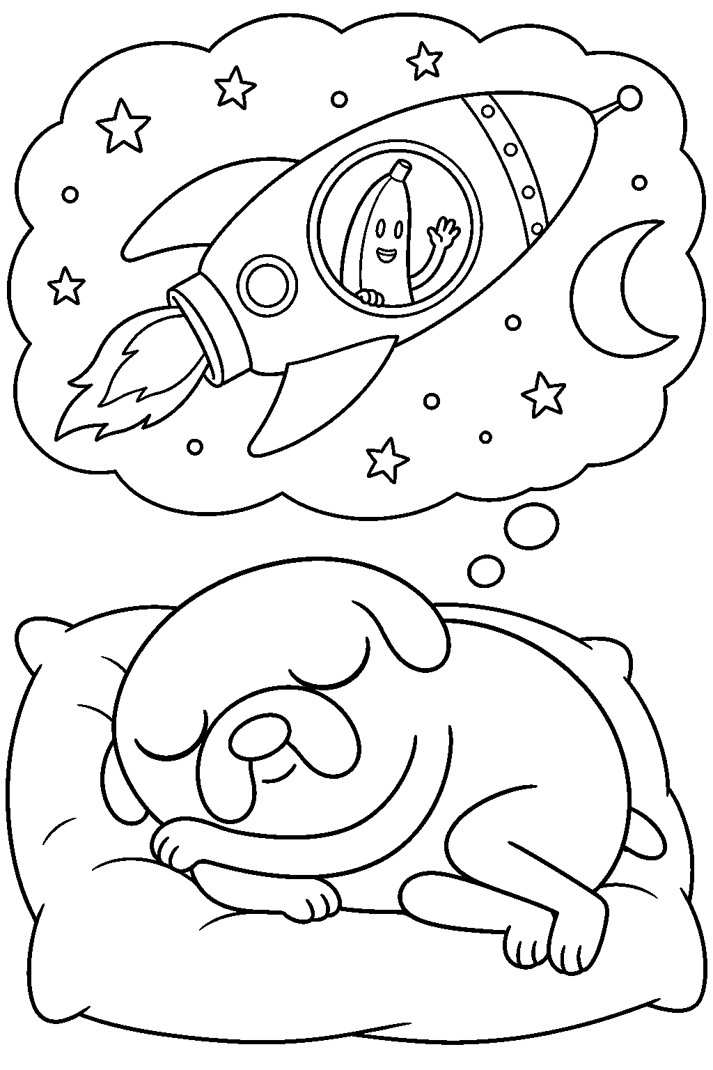 adventure time jake the dog dreaming of banana man s rocket ship in outer space line art