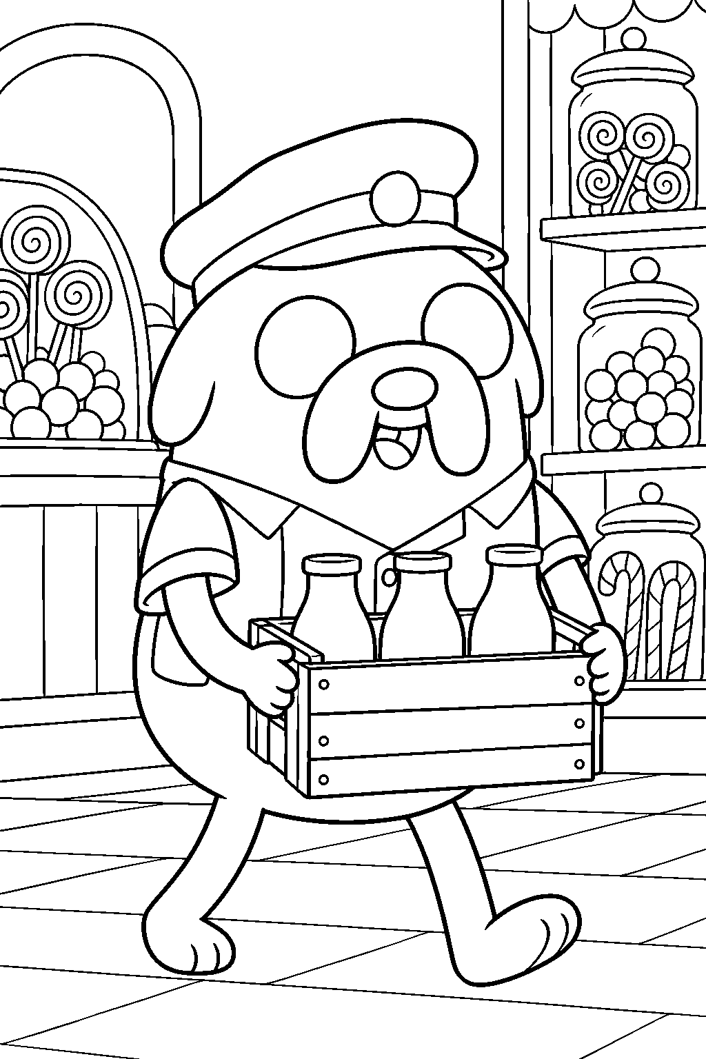 adventure time jake the dog dressed as a milkman delivering bottles in the candy store line art