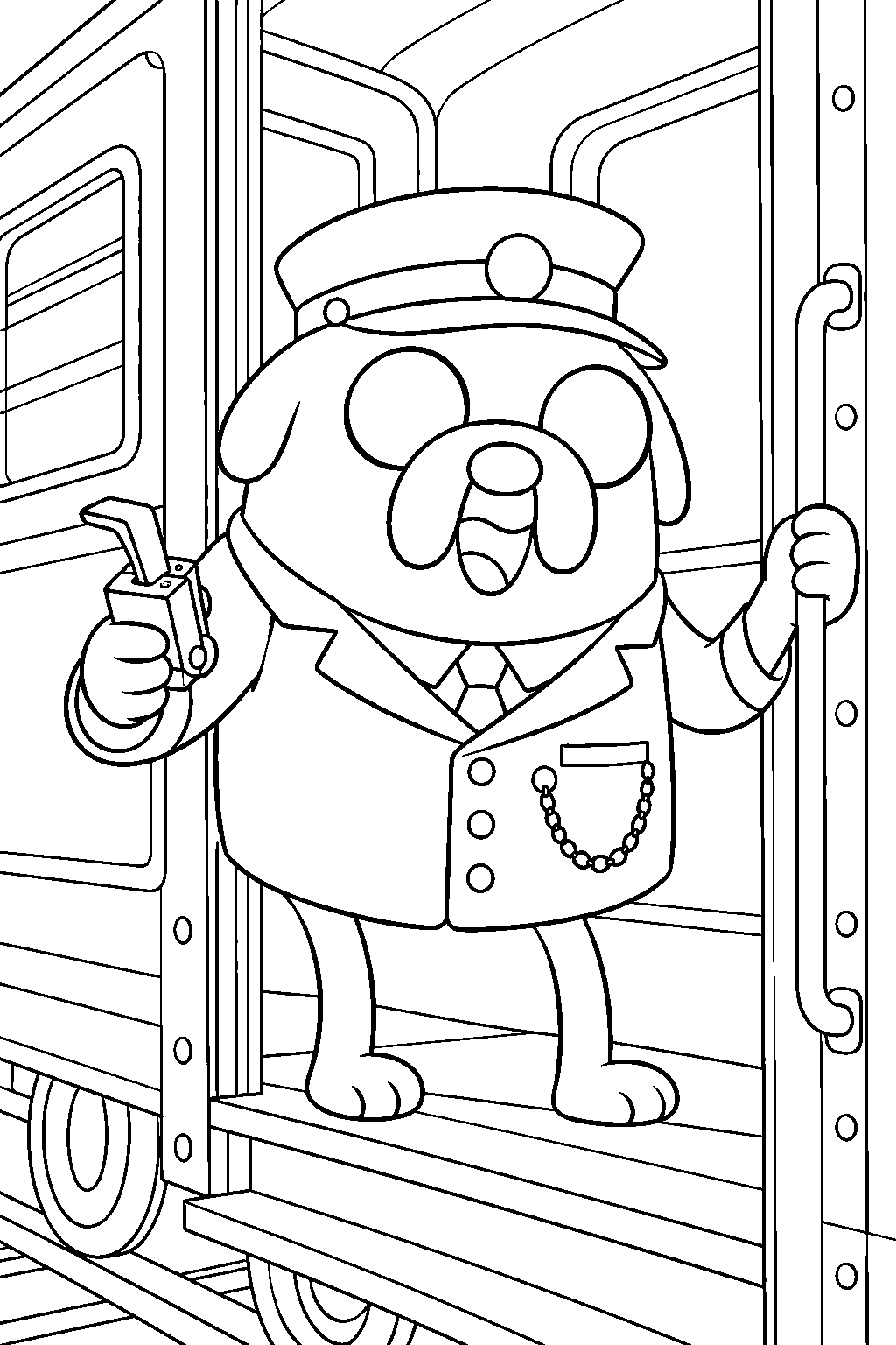 adventure time jake the dog dressed as the conductor aboard the mystery train line art