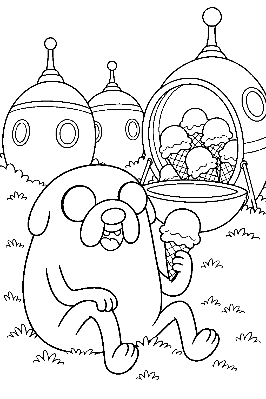 adventure time jake the dog eating ice cream beside the giant magic pods line art