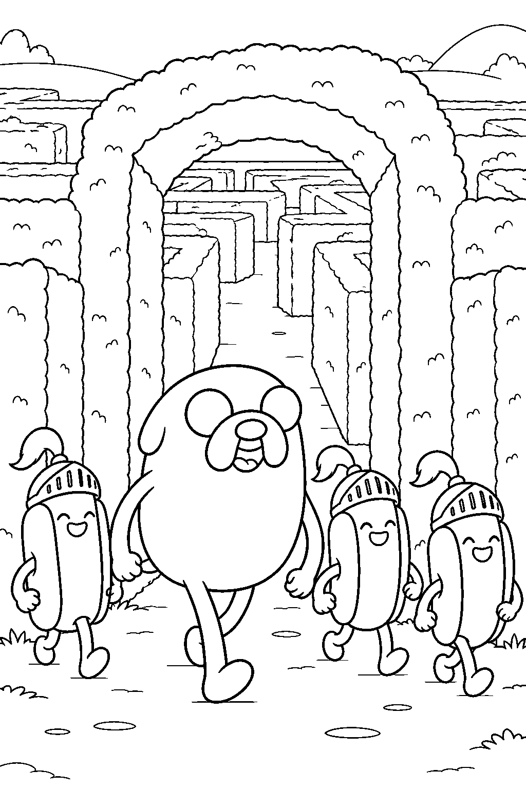 adventure time jake the dog entering the wish granting labyrinth with the hot dog knights line art