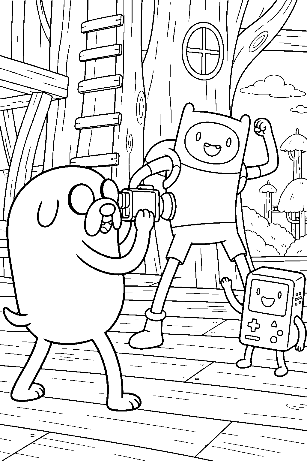 adventure time jake the dog filming a movie with finn and bmo at the tree fort line art