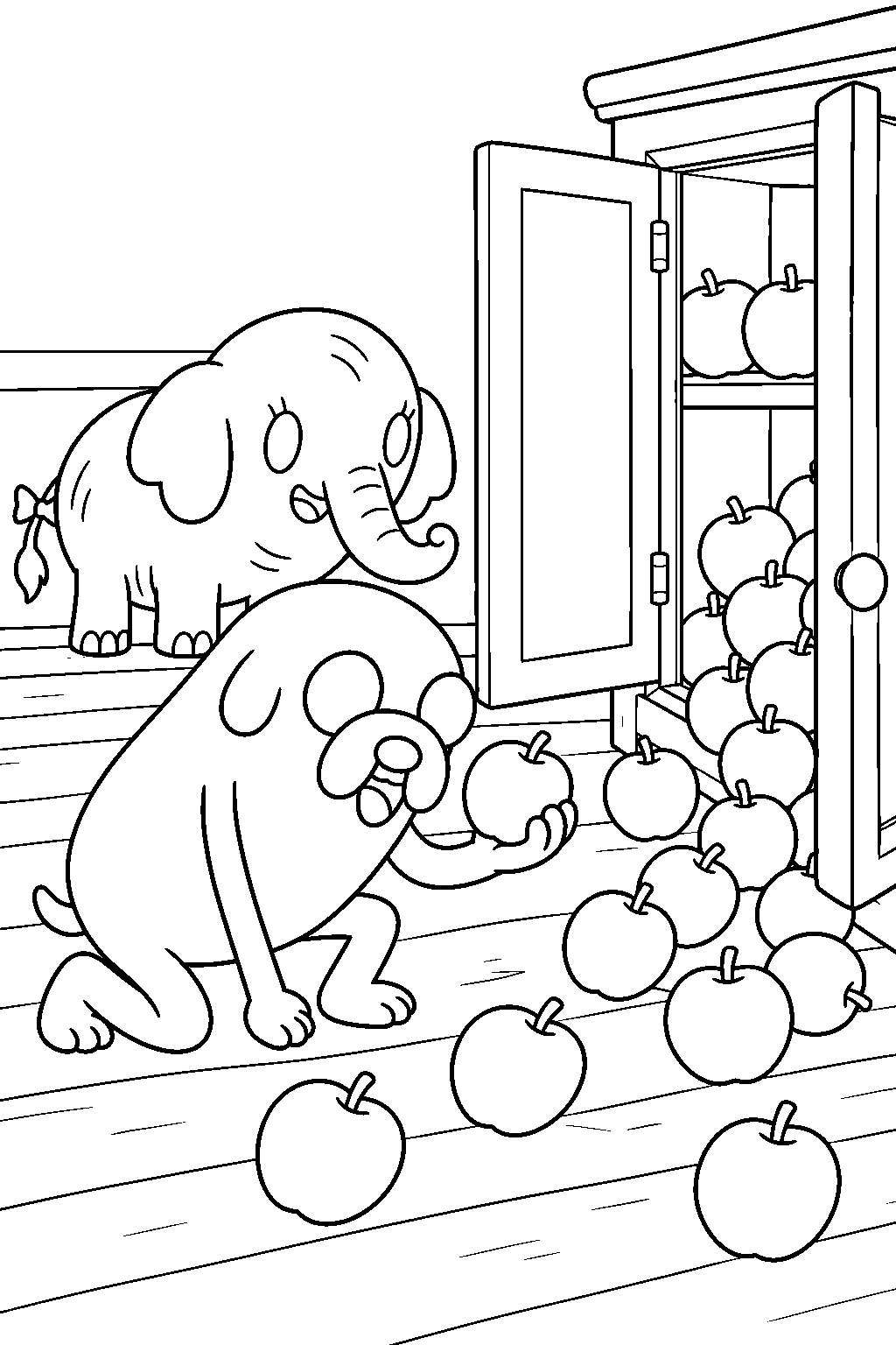 adventure time jake the dog finding tree trunks missing apples spilling from a cupboard line art