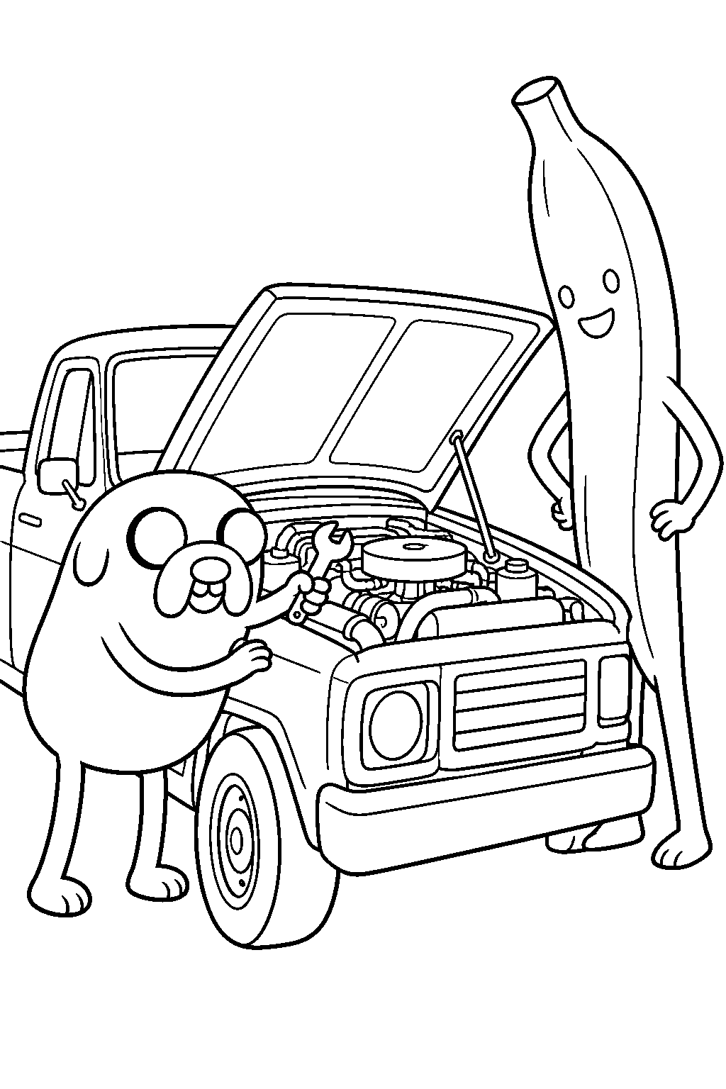 adventure time jake the dog fixing hot daniel the truck with banana man line art