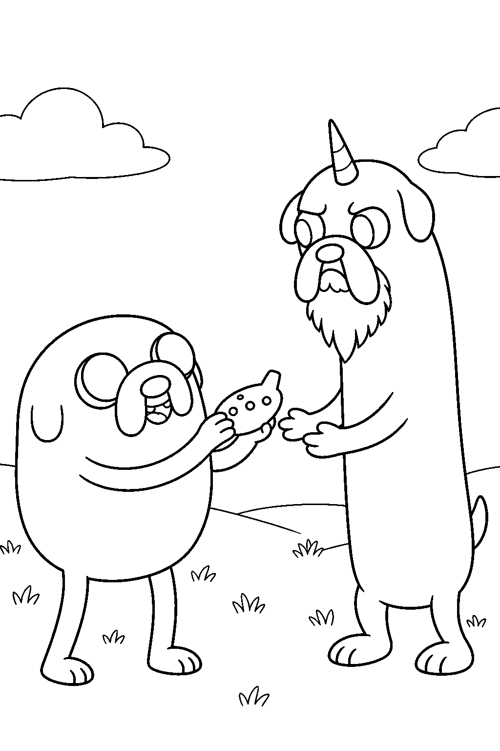adventure time jake the dog giving kim kil whan a handmade ocarina line art