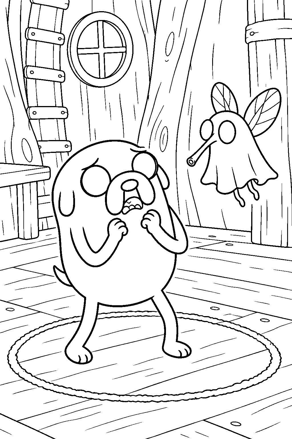 adventure time jake the dog hiding inside a protective chalk circle from the ghost fly line art