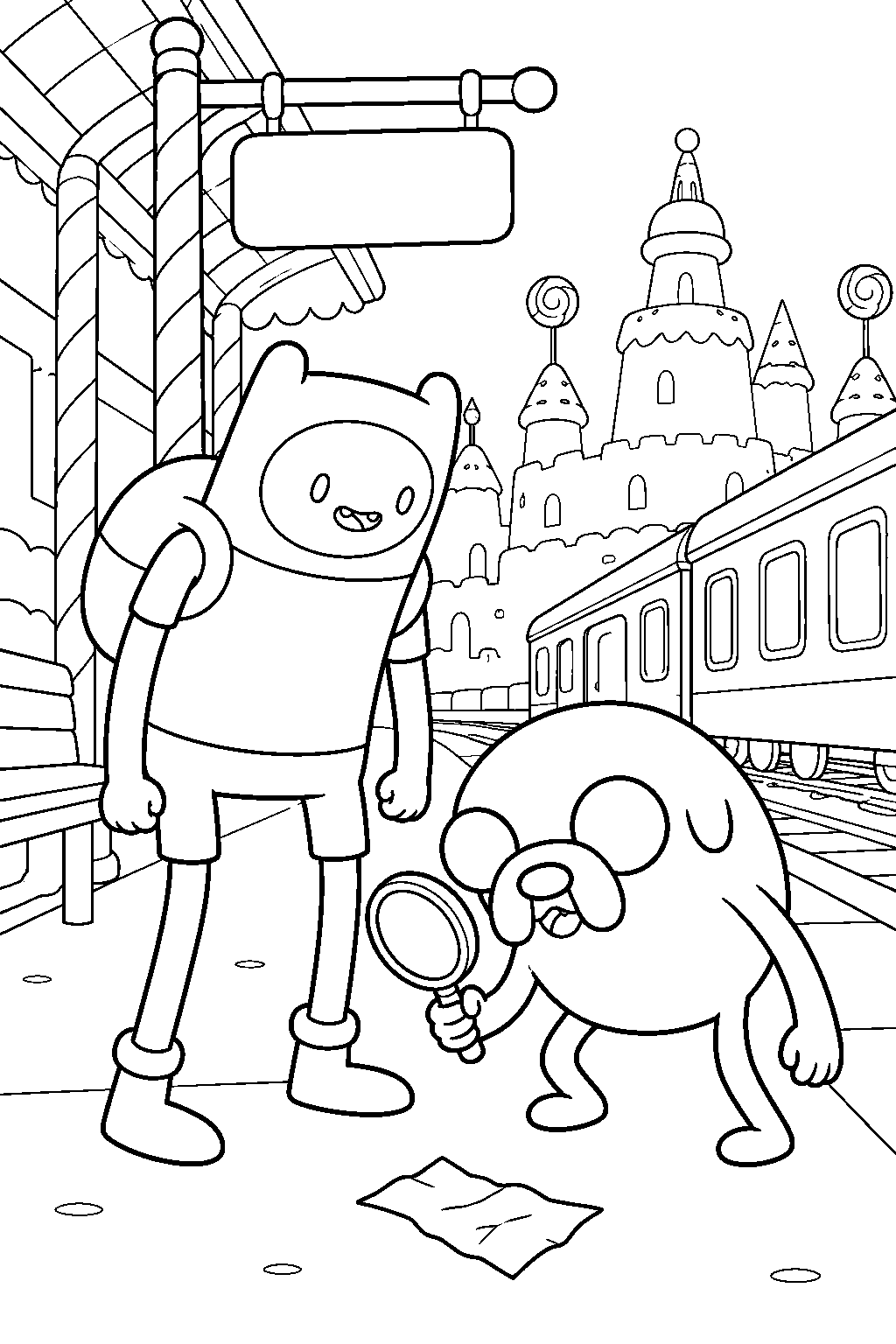 adventure time jake the dog investigating clues with finn at the candy kingdom train station line art