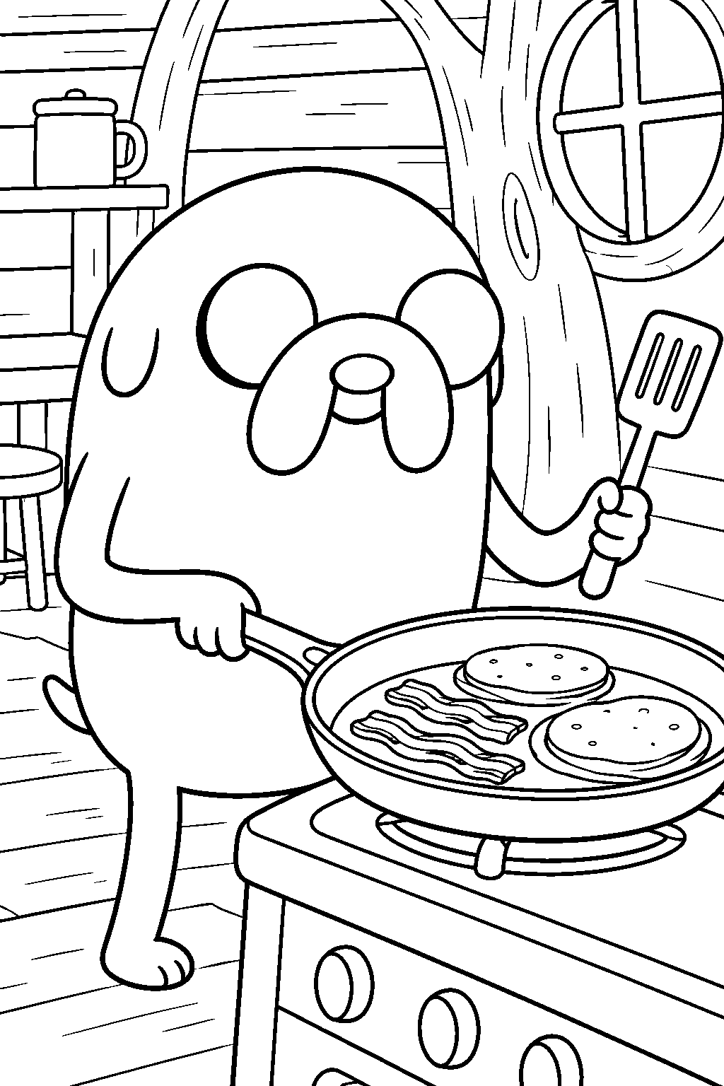 adventure time jake the dog making bacon pancakes in the tree fort kitchen line art