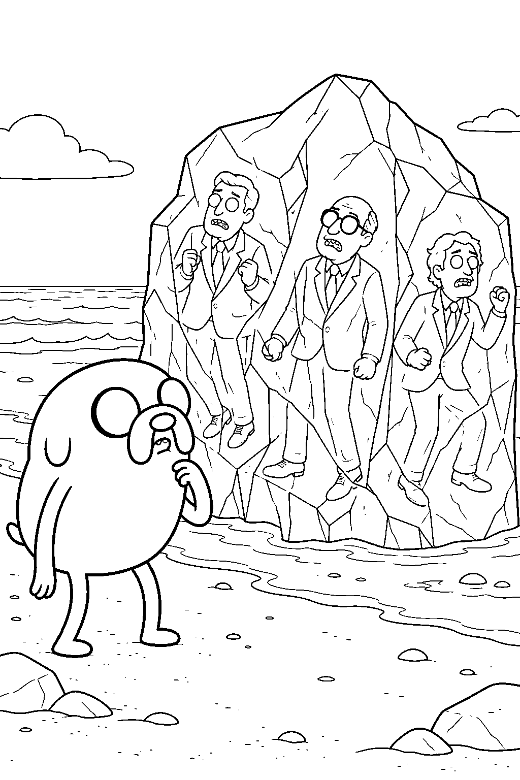 adventure time jake the dog meeting businessmen frozen inside an iceberg on the beach line art