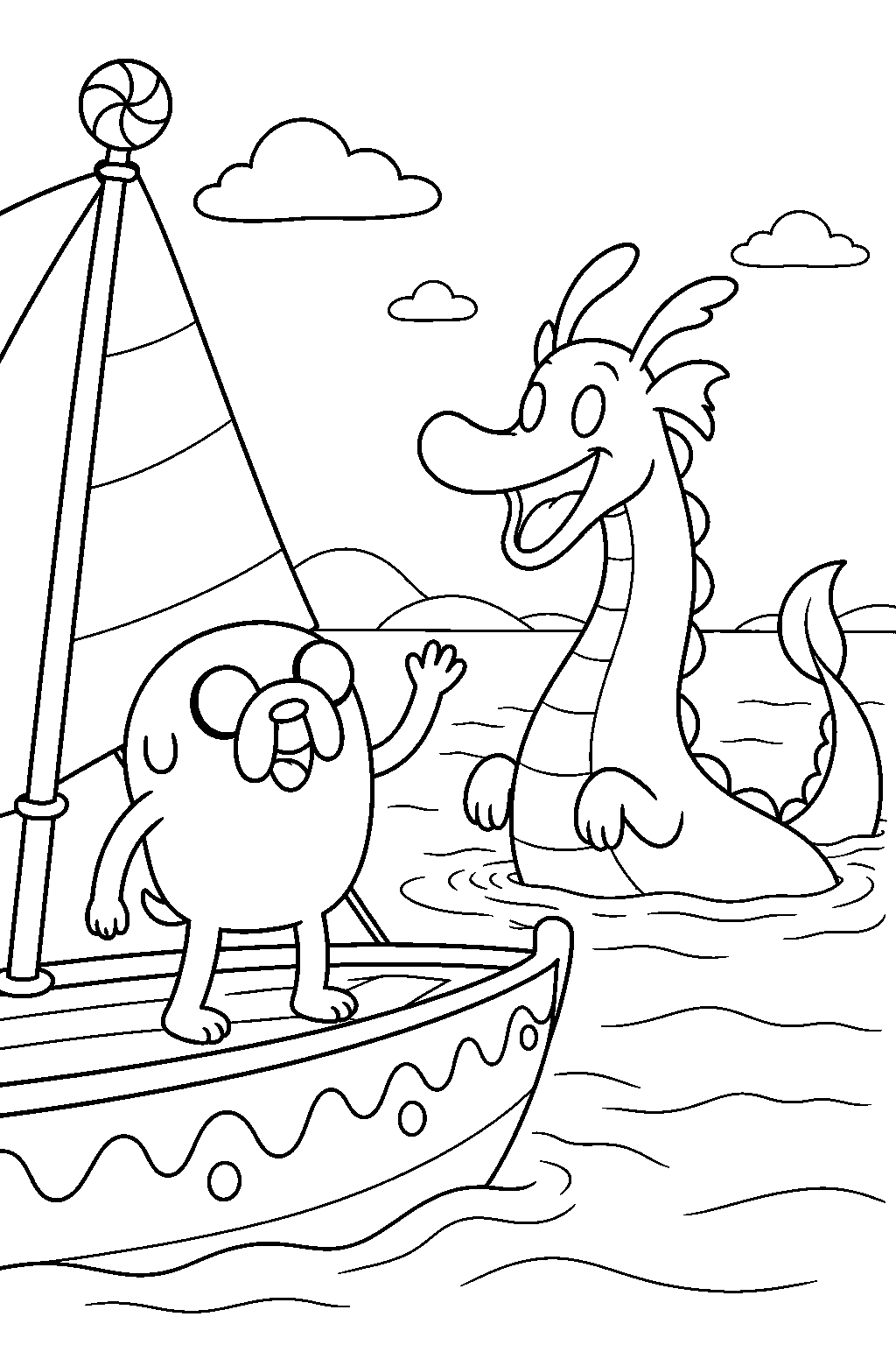 adventure time jake the dog meeting whipple the happy dragon beside the sailboat line art