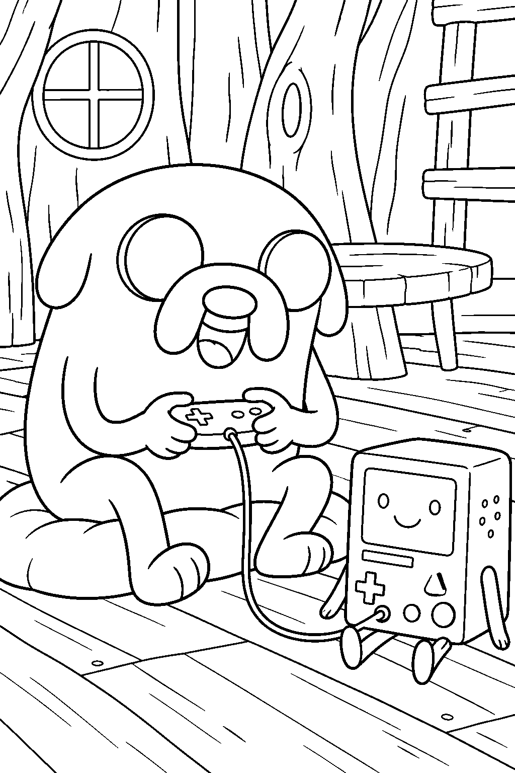 adventure time jake the dog playing a video game on bmo in the tree fort line art