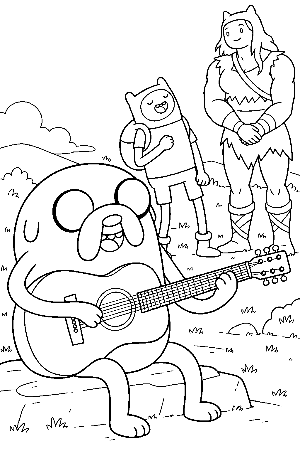 adventure time jake the dog playing an acoustic guitar while finn sings to susan strong line art