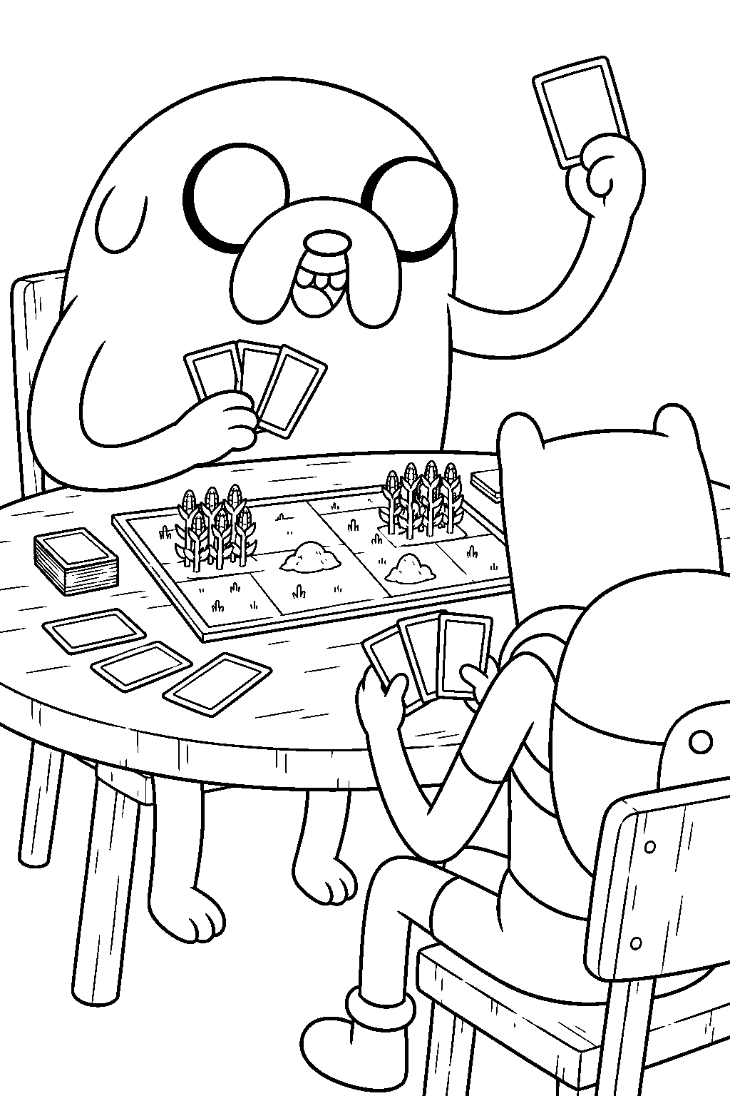 adventure time jake the dog playing card wars with finn at the game table line art