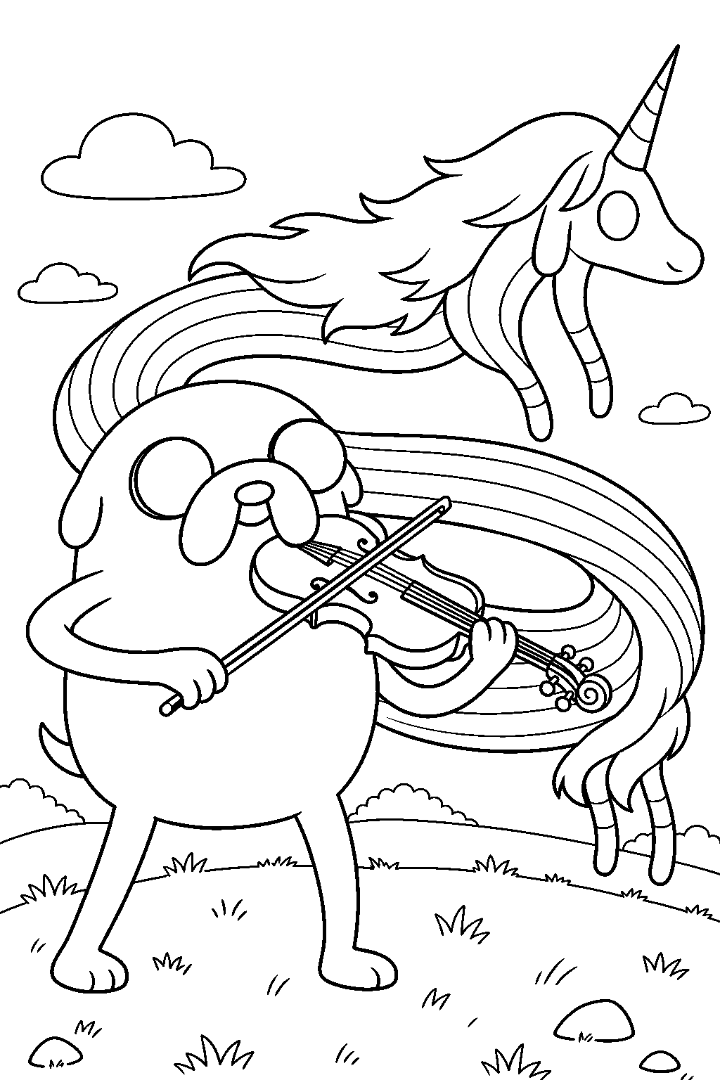 adventure time jake the dog playing his viola beside lady rainicorn on a grassy hill line art