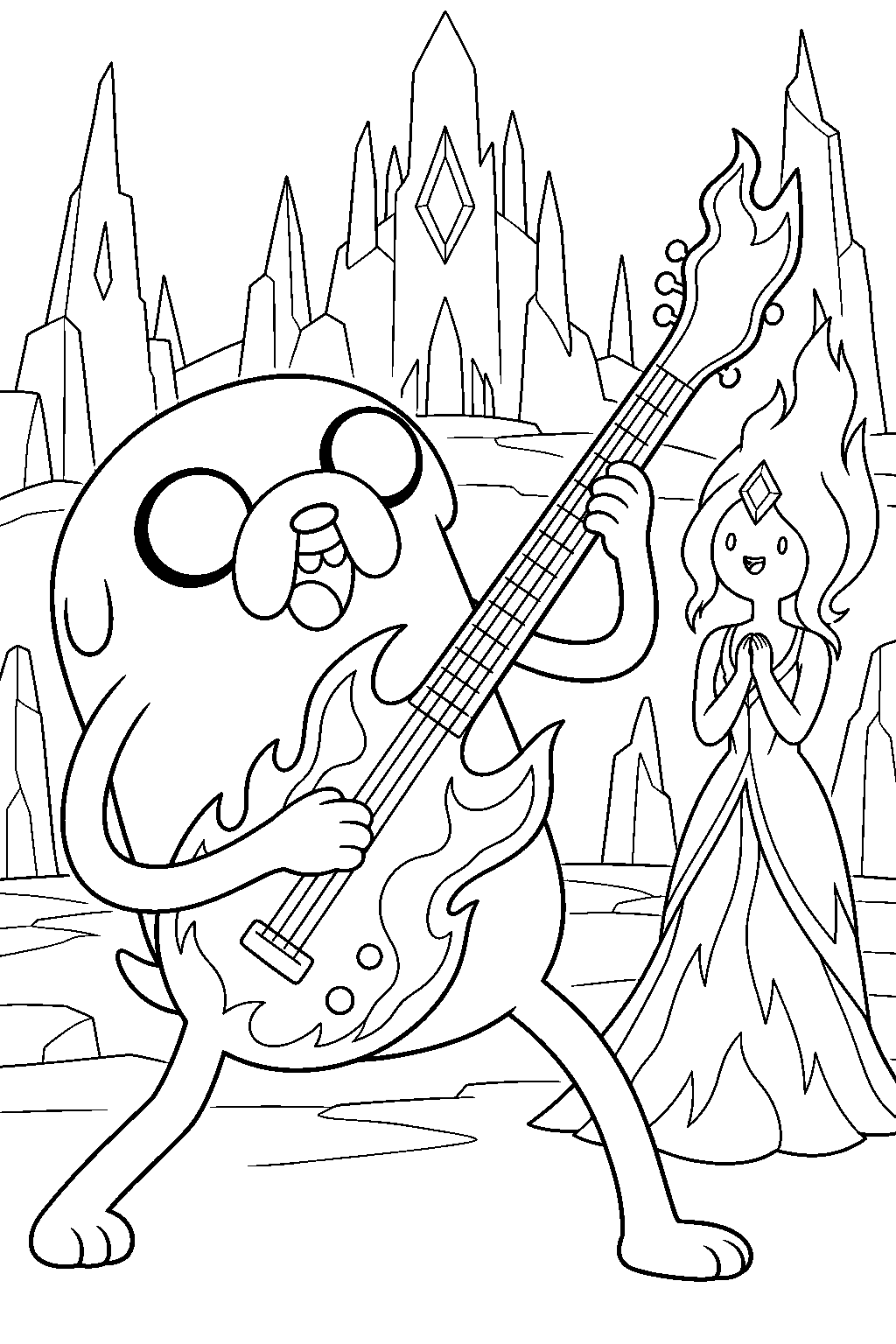 adventure time jake the dog playing the fire guitar for flame princess in the fire kingdom line art