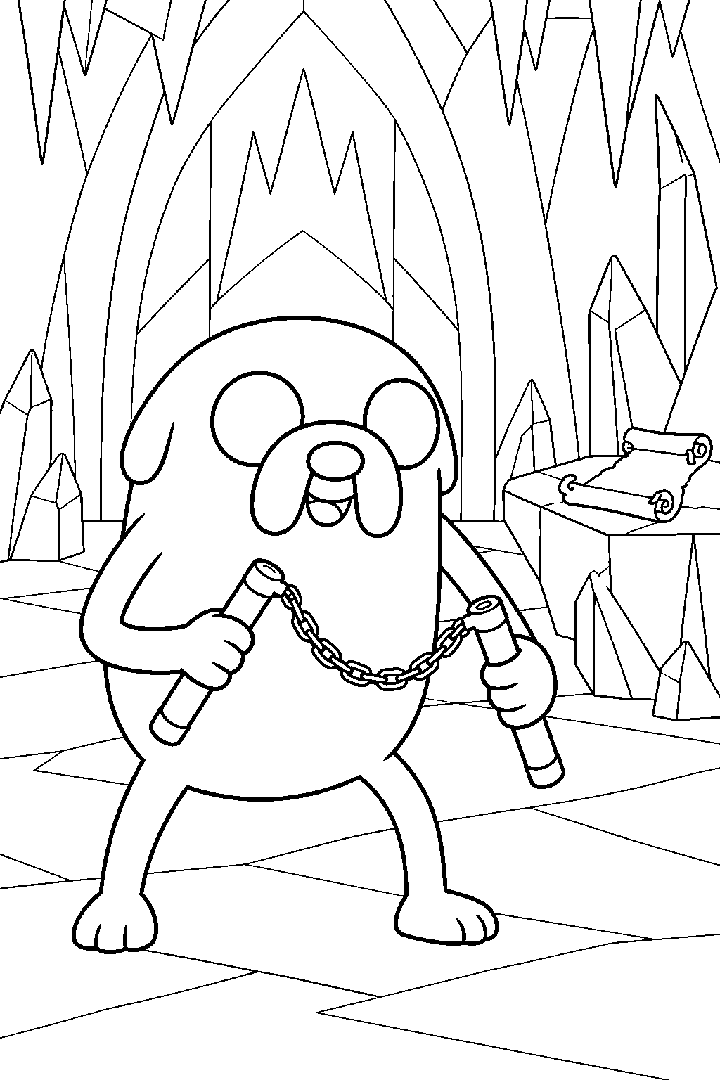 adventure time jake the dog practicing ice ninja moves with nunchaku in the ice king s secret chamber line art