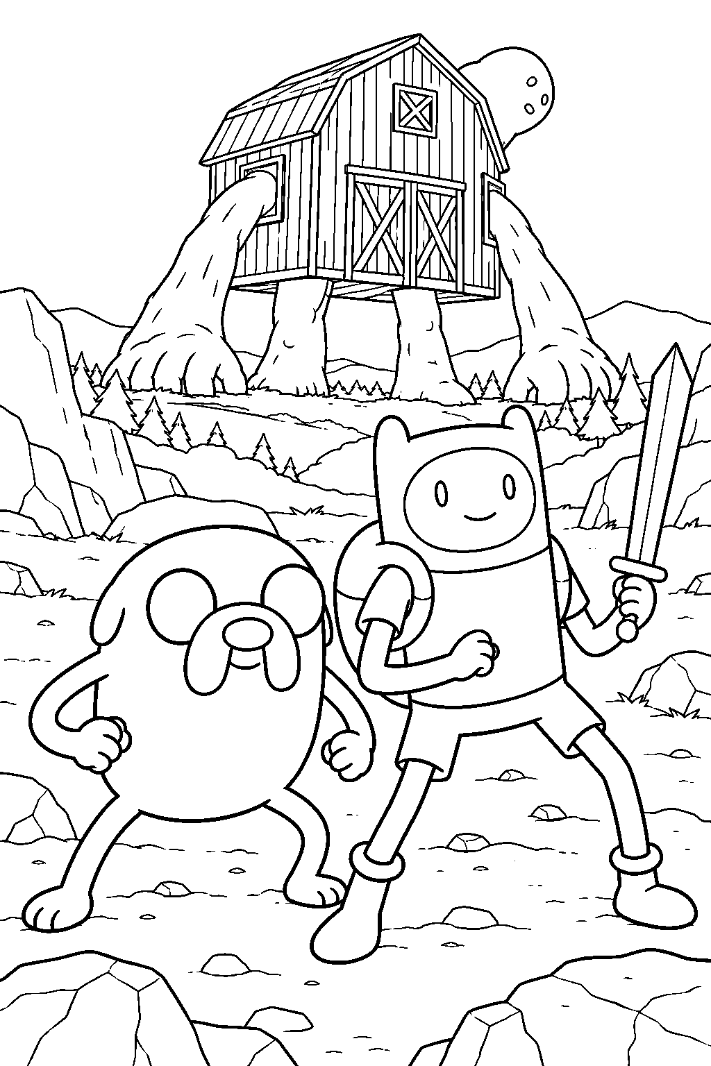 adventure time jake the dog preparing to face the farm beside finn in a rocky clearing line art