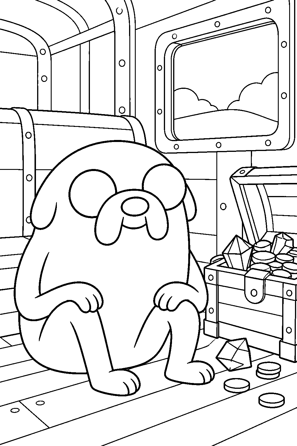 adventure time jake the dog resting beside a treasure pile inside the dungeon train line art