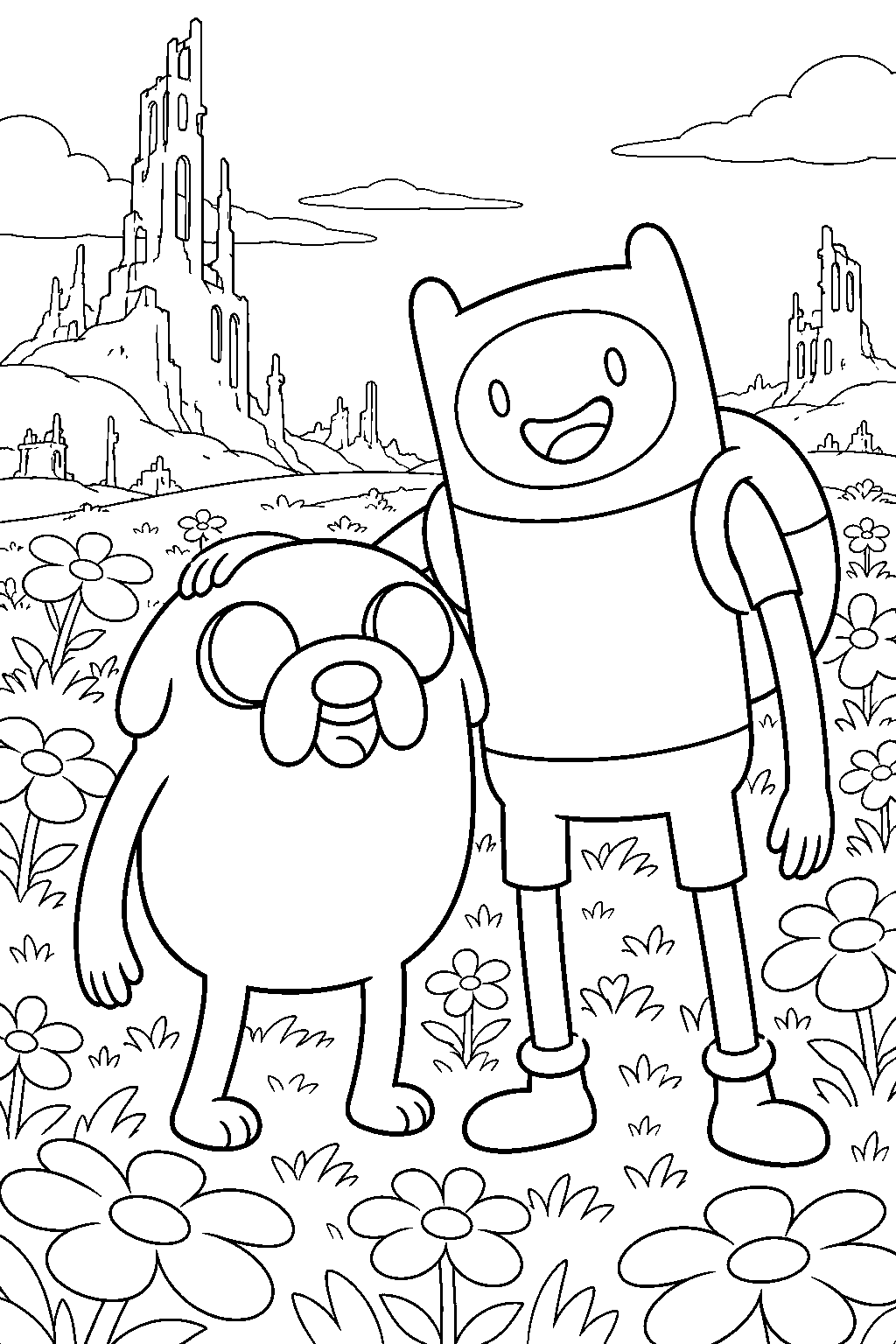 adventure time jake the dog reuniting with finn among flowers in the dead worlds line art