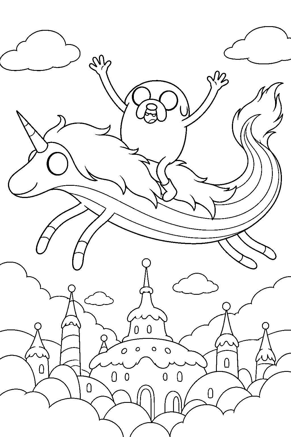 adventure time jake the dog riding lady rainicorn above the candy kingdom line art