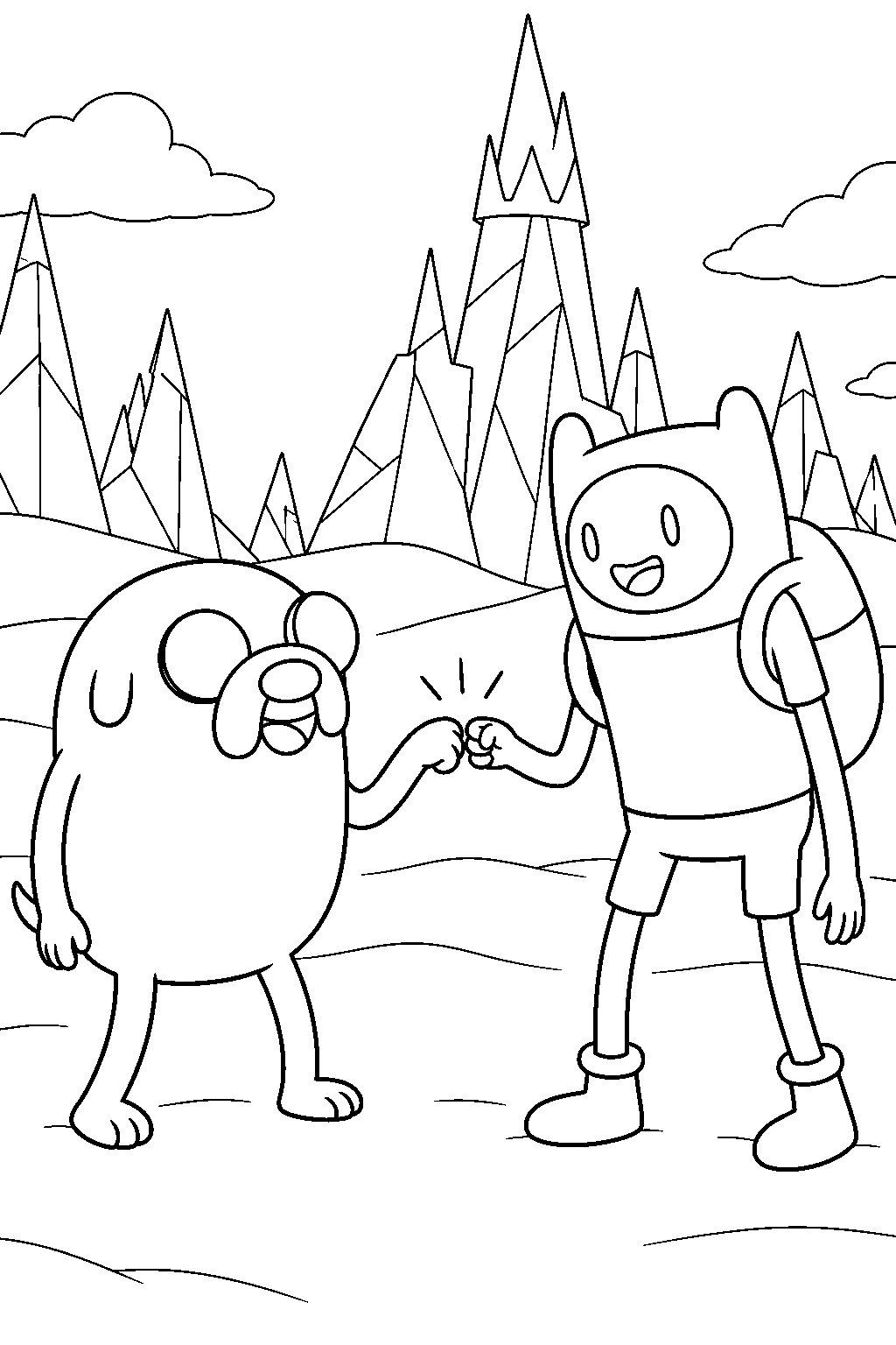 adventure time jake the dog sharing a fist bump with finn in the ice kingdom line art