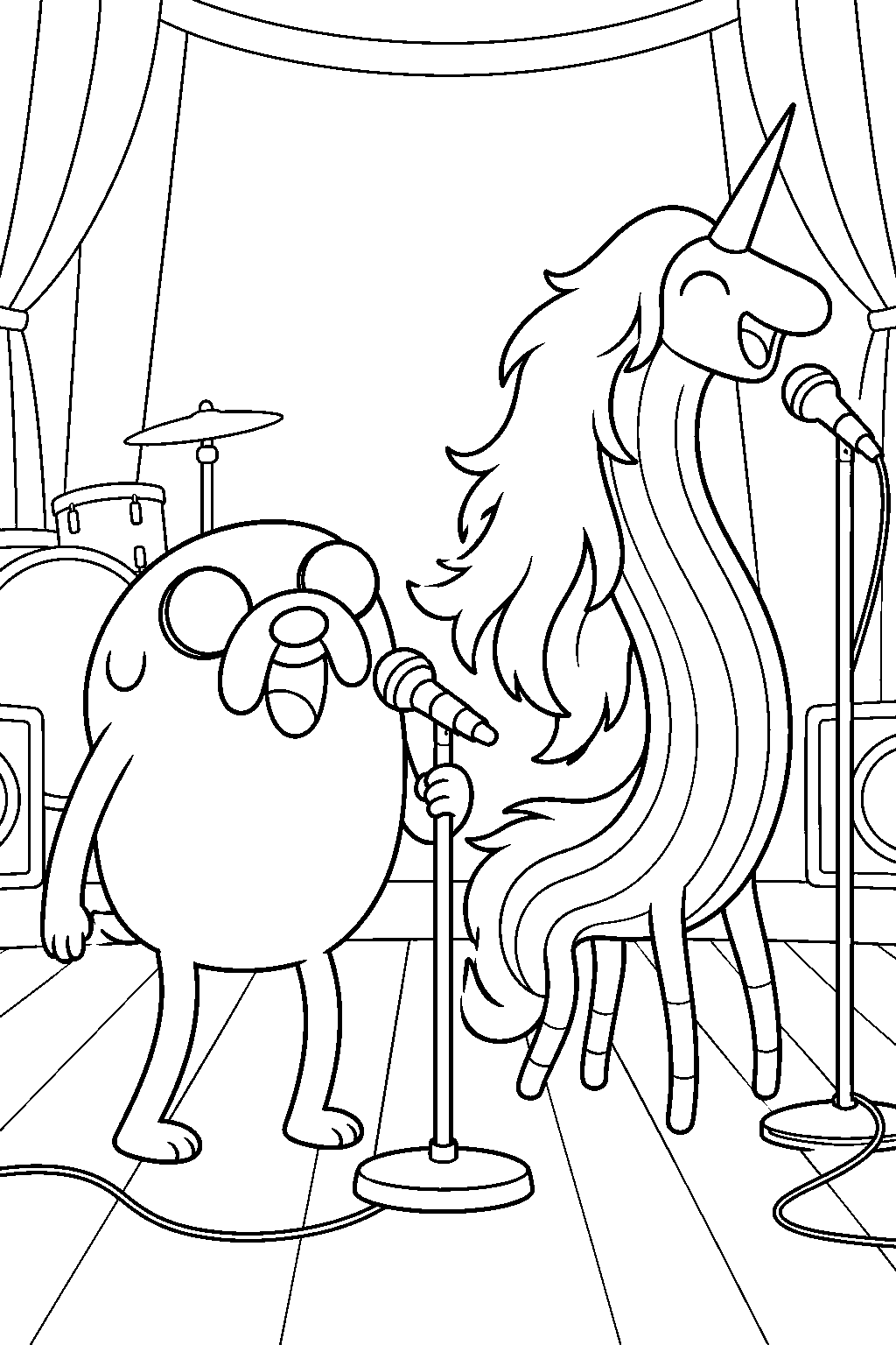 adventure time jake the dog singing with lady rainicorn at the battle of the bands line art