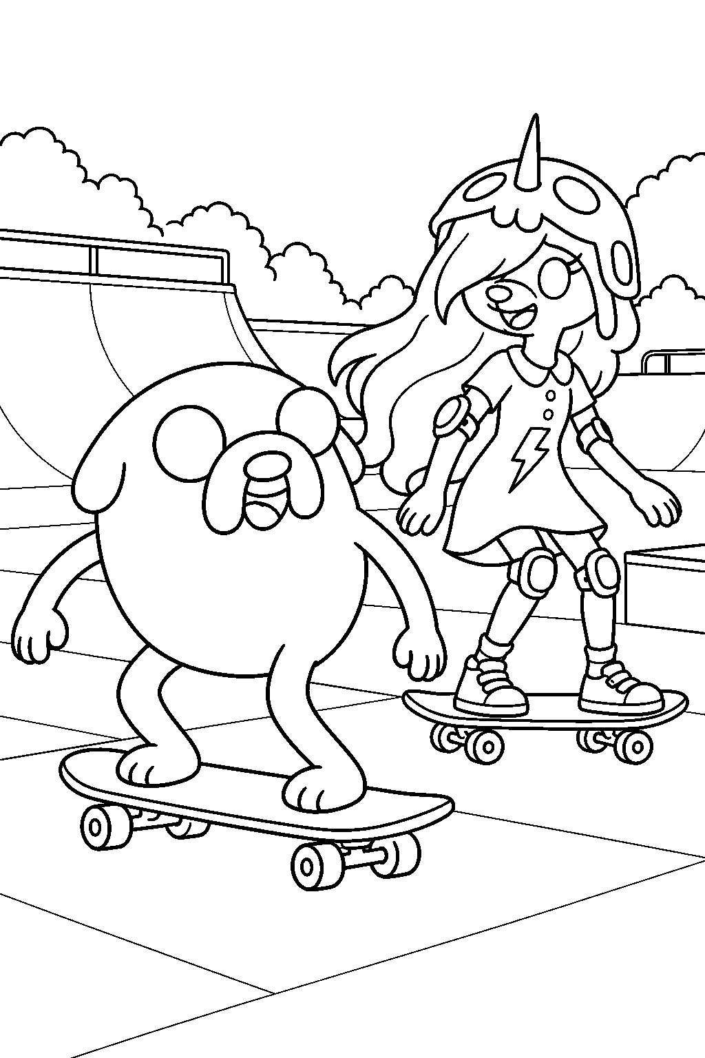 adventure time jake the dog skateboarding with bronwyn at the skate park line art
