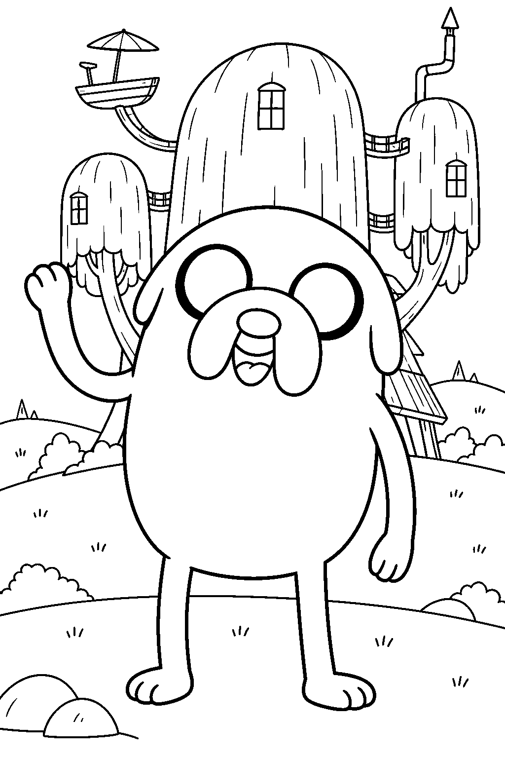 adventure time jake the dog smiling outside the tree fort line art