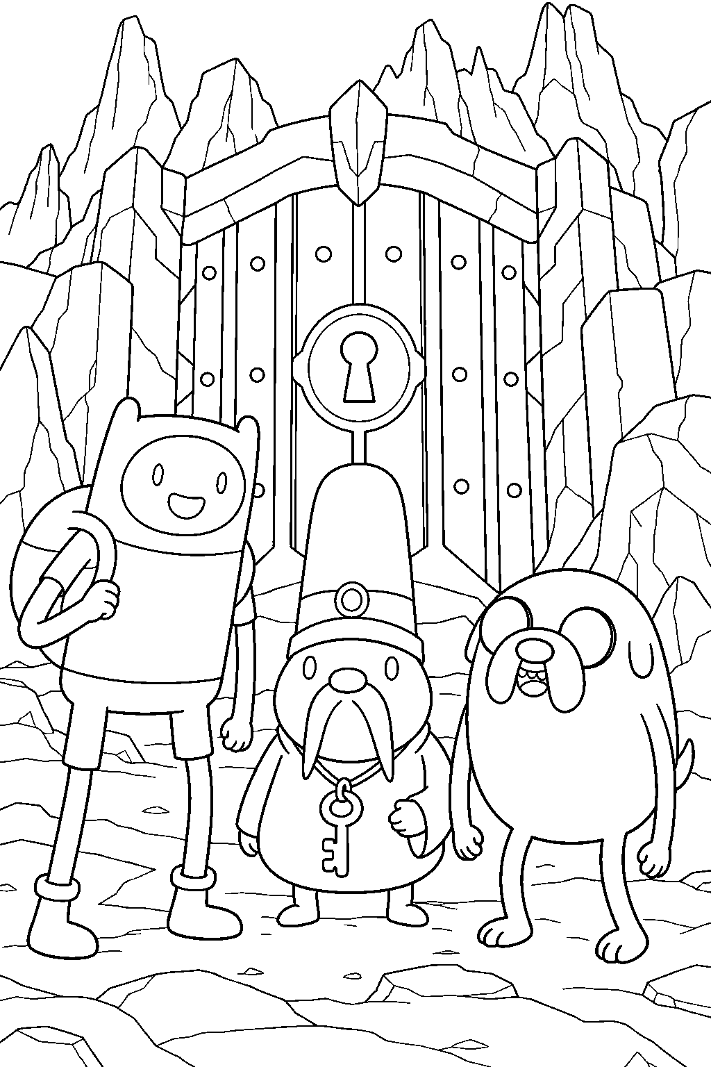 adventure time jake the dog standing with finn and the key per at mount cragdor s locked gate line art